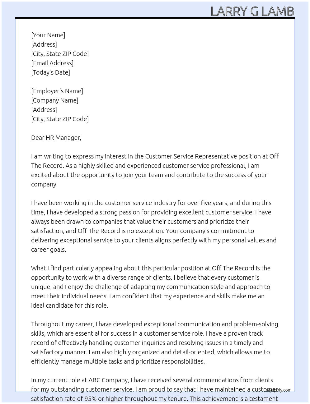 Customer Service Rep At Off The Record Cover Letter