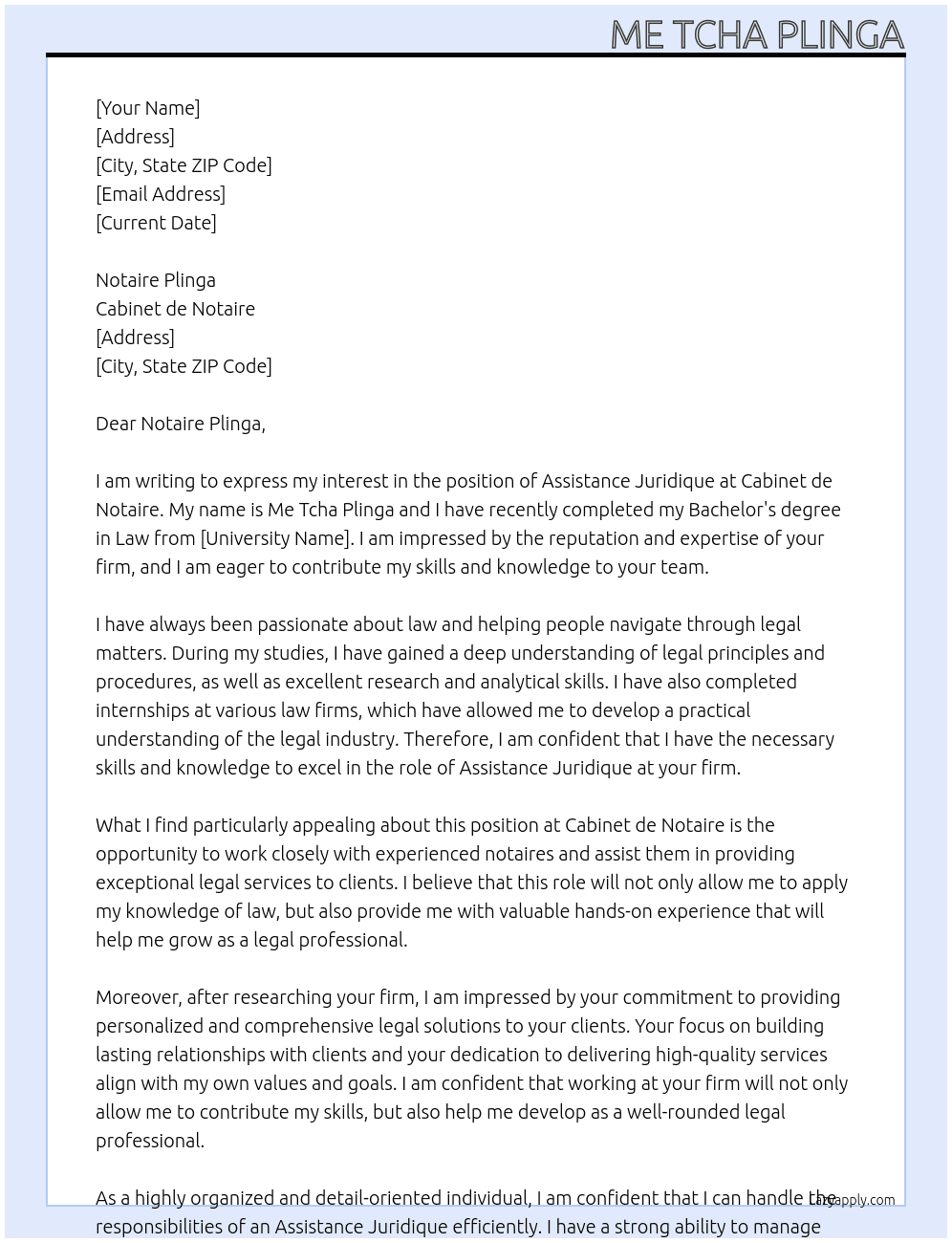 Assistance juridique  At Cabinet de notaire  Cover Letter