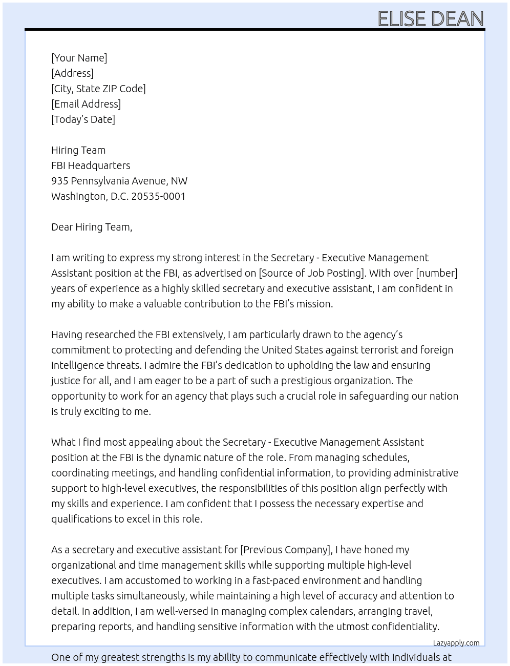 Secretary - Executive Management Assistant At FBI Cover Letter