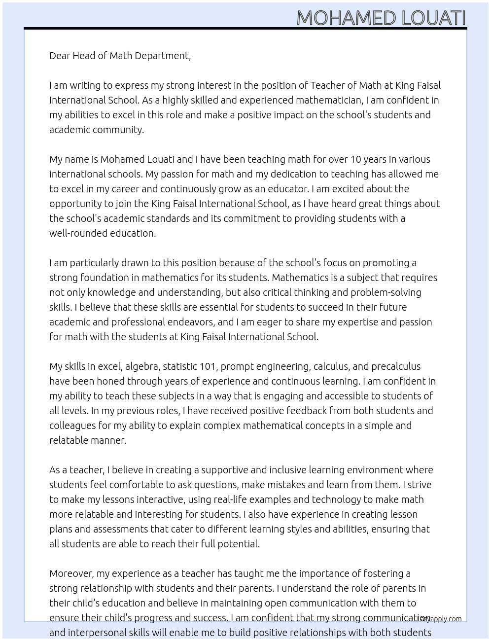 Teacher of Math  At King Faisal international school Cover Letter