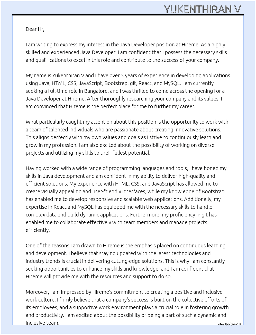 Java developer  At Hireme Cover Letter