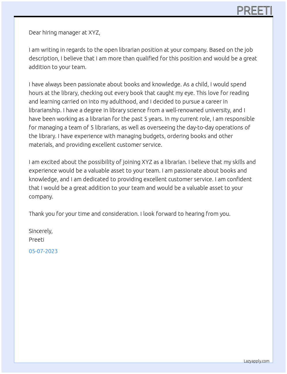 librarian At xyz Cover Letter