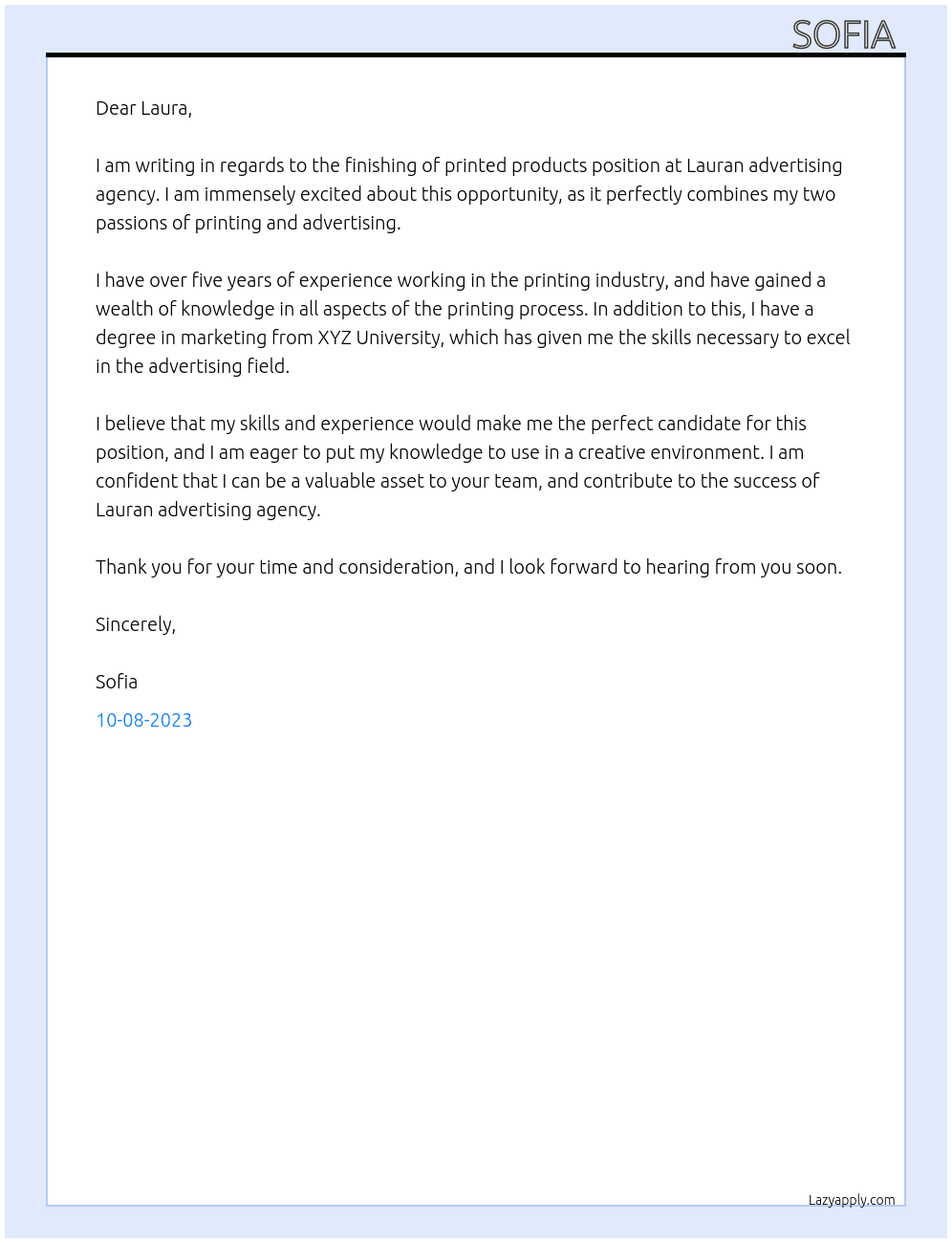  finishing of printed products At  Lauran  advertising agency Cover Letter