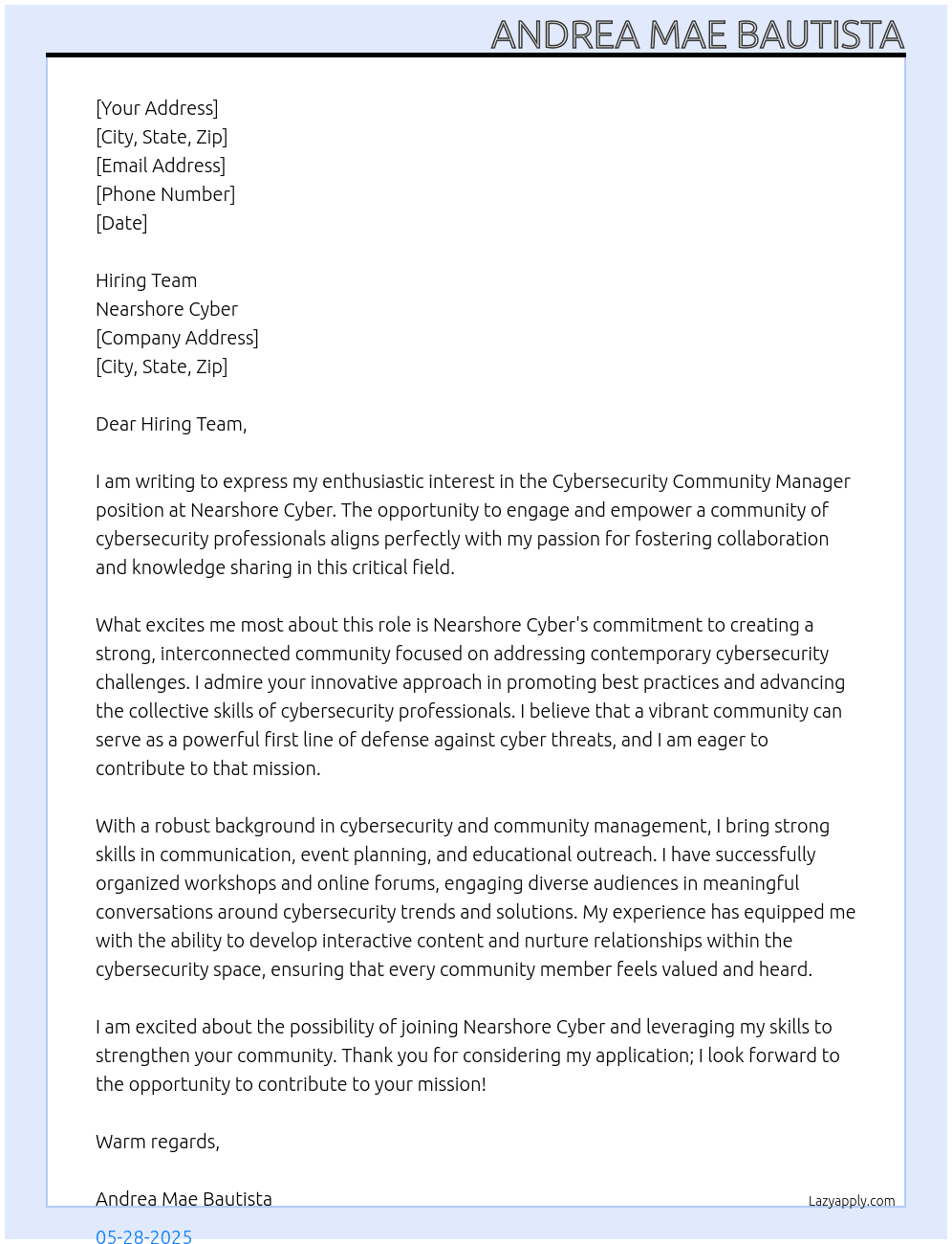Cybersecurity Community Manager At Nearshore Cyber Cover Letter