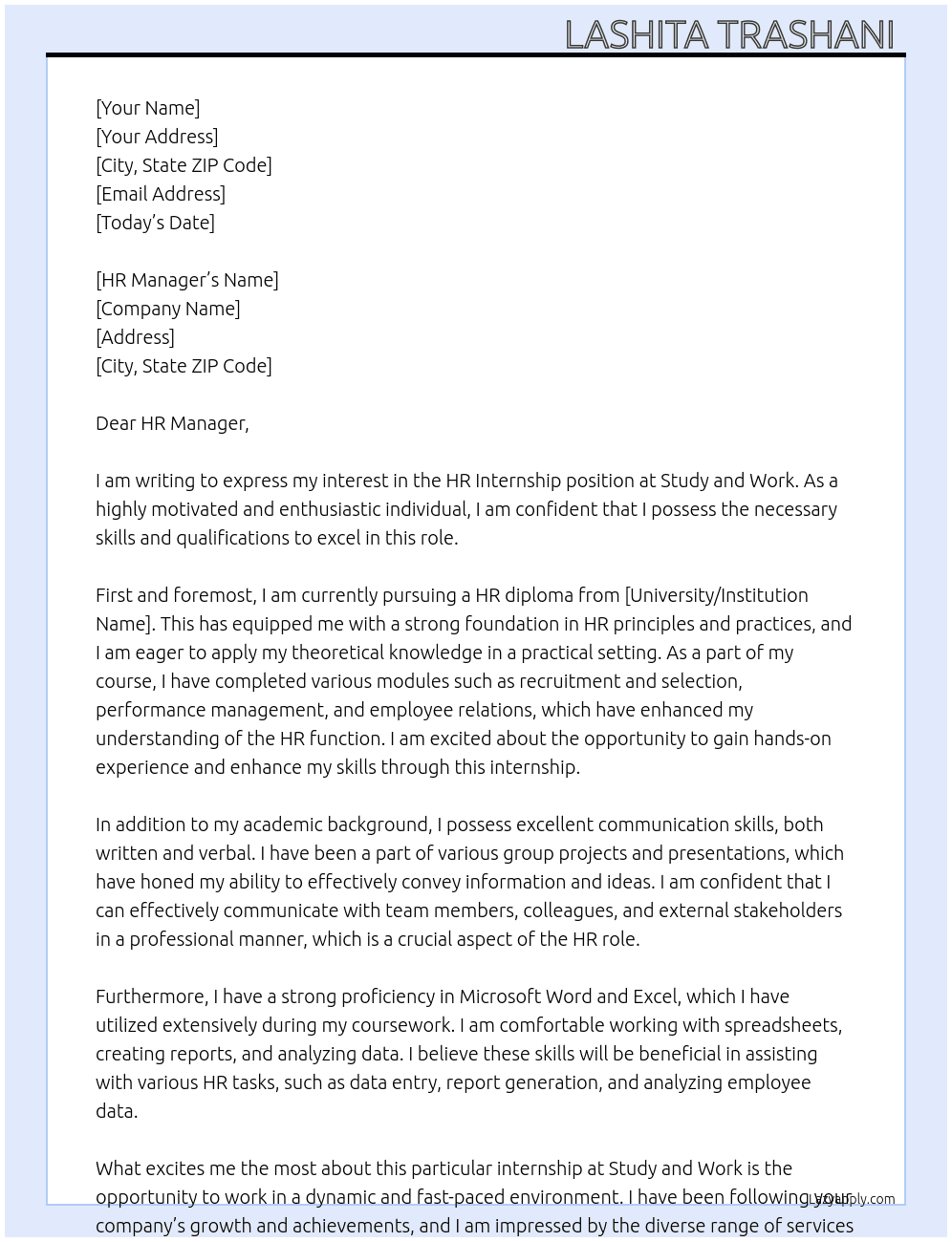 HR internship  At Study and work Cover Letter