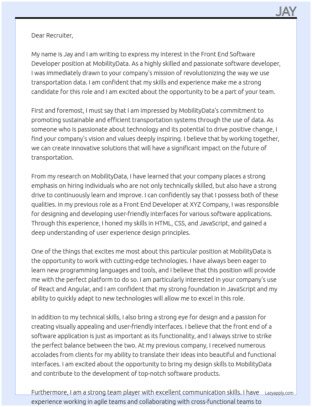 Front End Software Developer At MobilityData Cover Letter