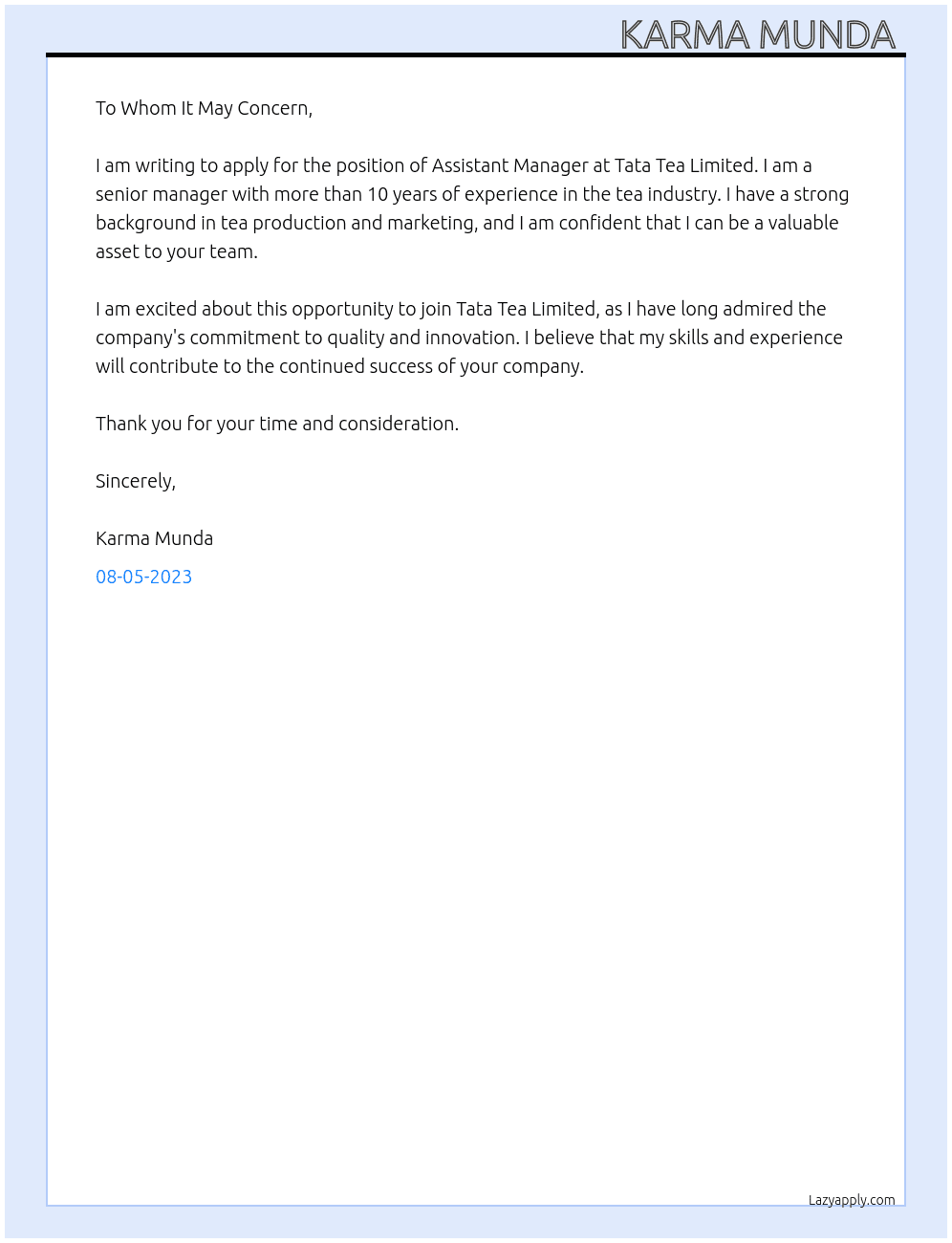 Assistant Manager  At Tata Tea Limited  Cover Letter