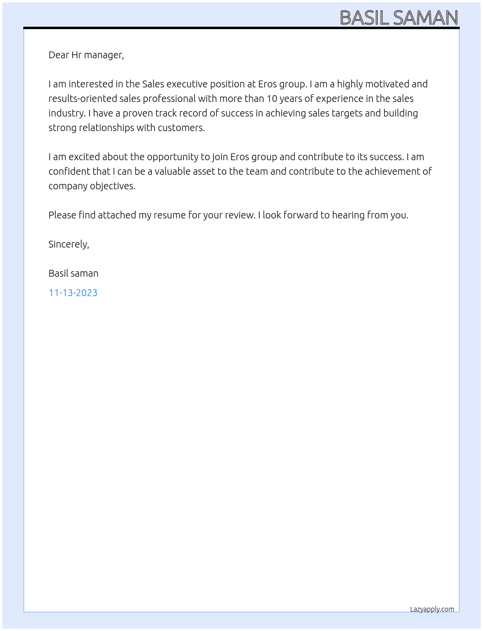Sales executive At Eros group Cover Letter