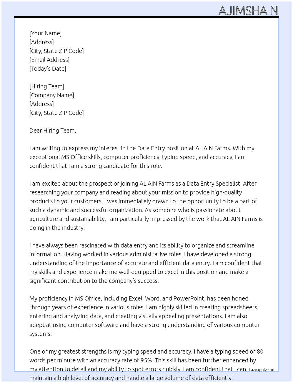 Data entry  At AL AIN Farms  Cover Letter