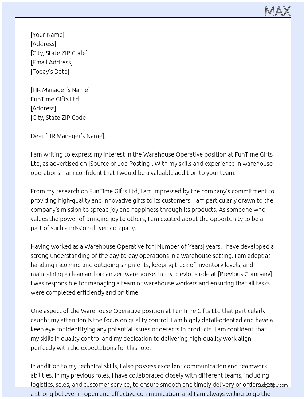 Warehouse Operative At FunTime Gifts Ltd Cover Letter