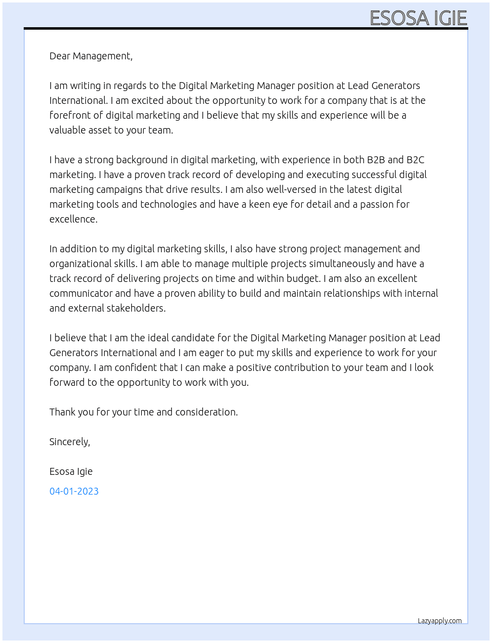 Digital marketing manager At Lead Generators International Cover Letter