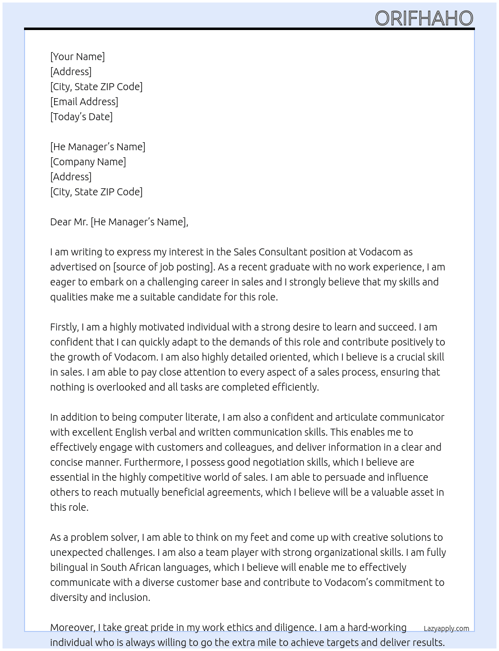 Sales consultant  At Vodacom Cover Letter