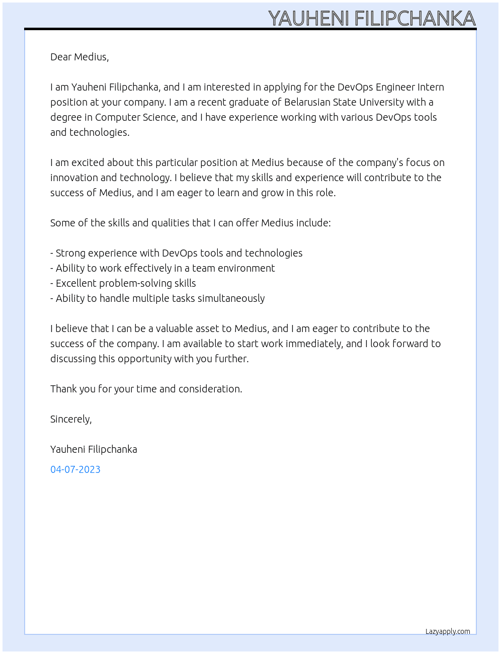 DevOps Engineer Intern At Medius Cover Letter