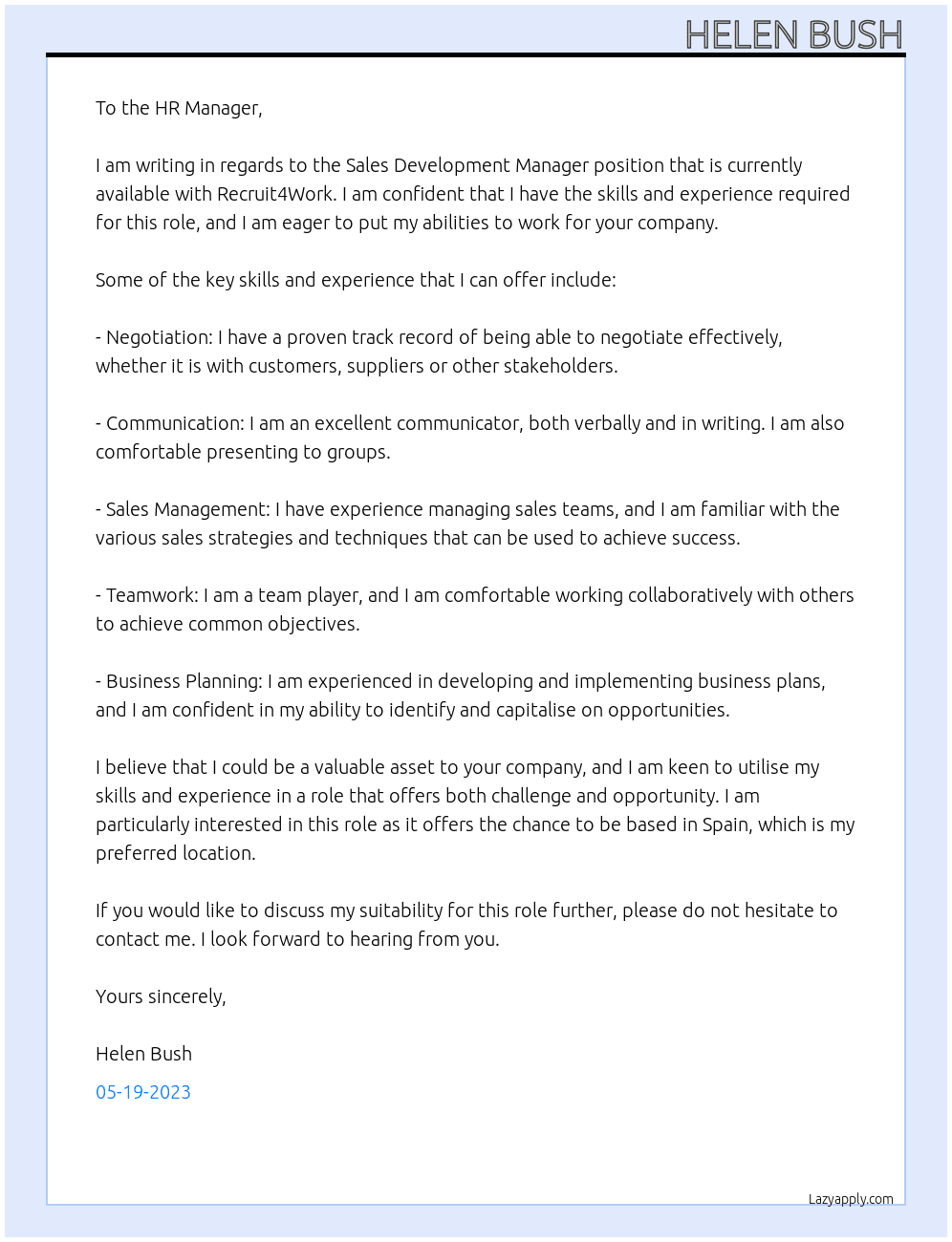 Sales Development Manager At Recruit4Work Cover Letter