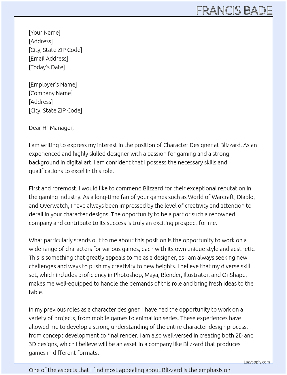Character Designer  At Blizzard  Cover Letter