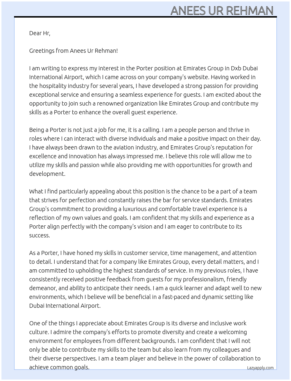 Porter  At Emirates group  Cover Letter