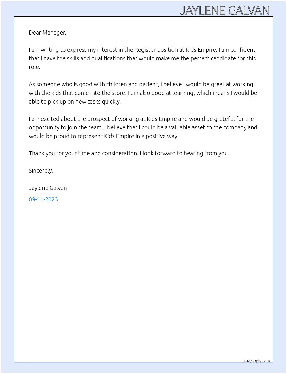 Register  At Kids Empire  Cover Letter