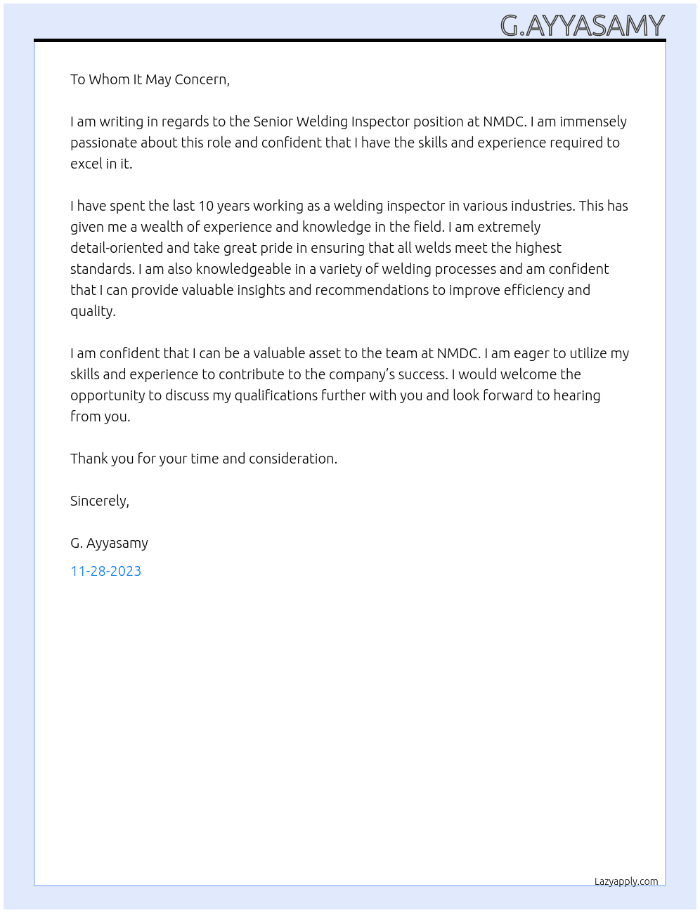 senior welding inspector At NMDC Cover Letter