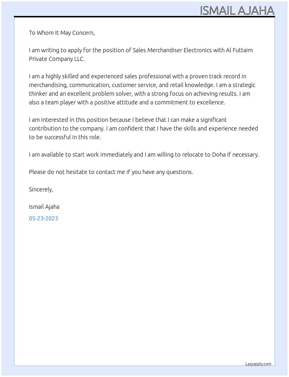 Sales Merchandiser Electronics At Al Futtaim Private Company LLC Cover Letter