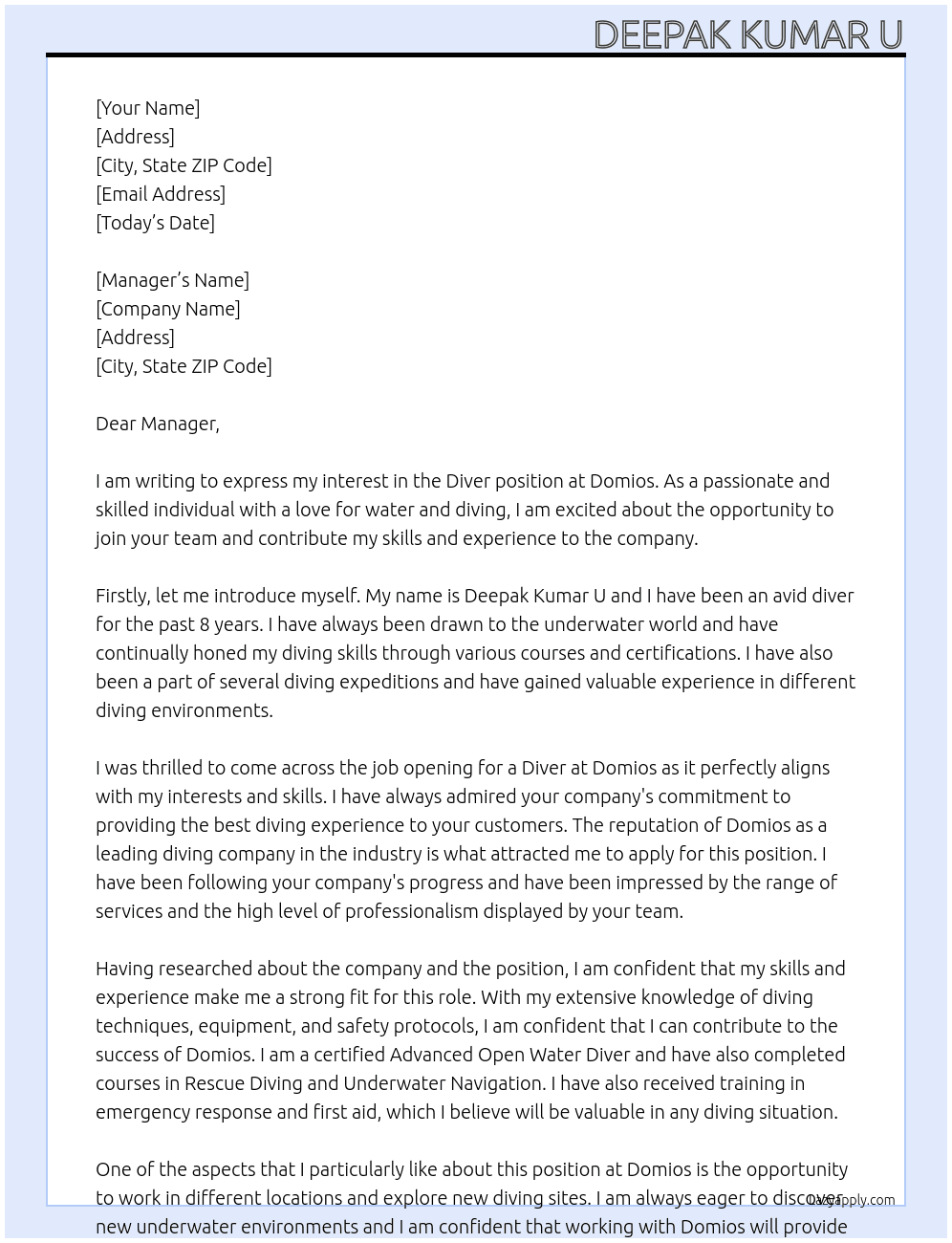Diver At Domios Cover Letter