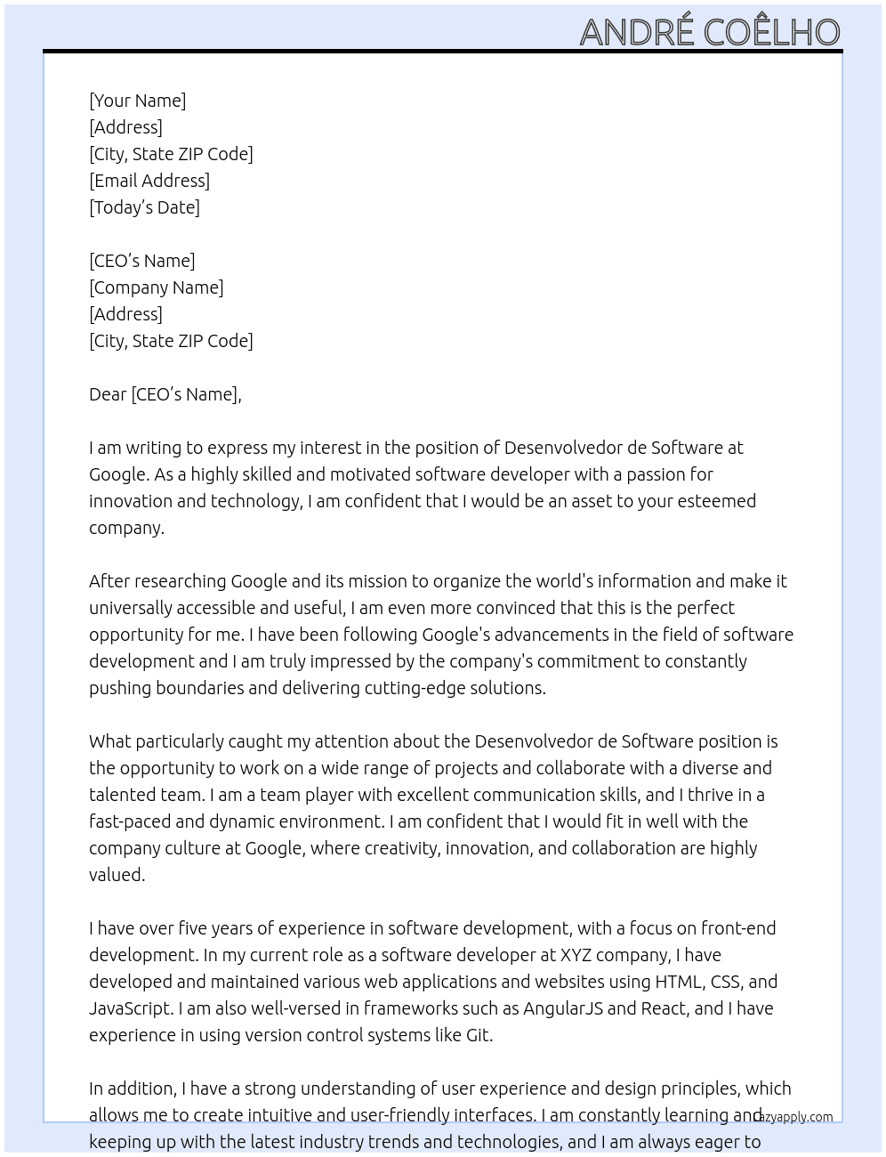 Cover letter for desenvolvedor de software - LazyApply
