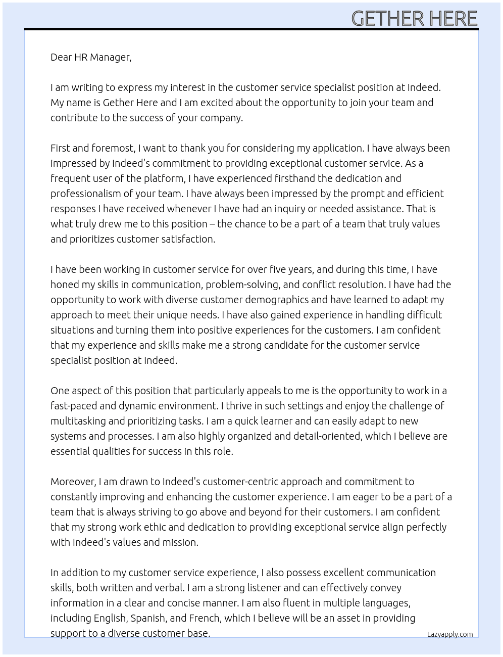 Customer service specialist  At Indeed Cover Letter