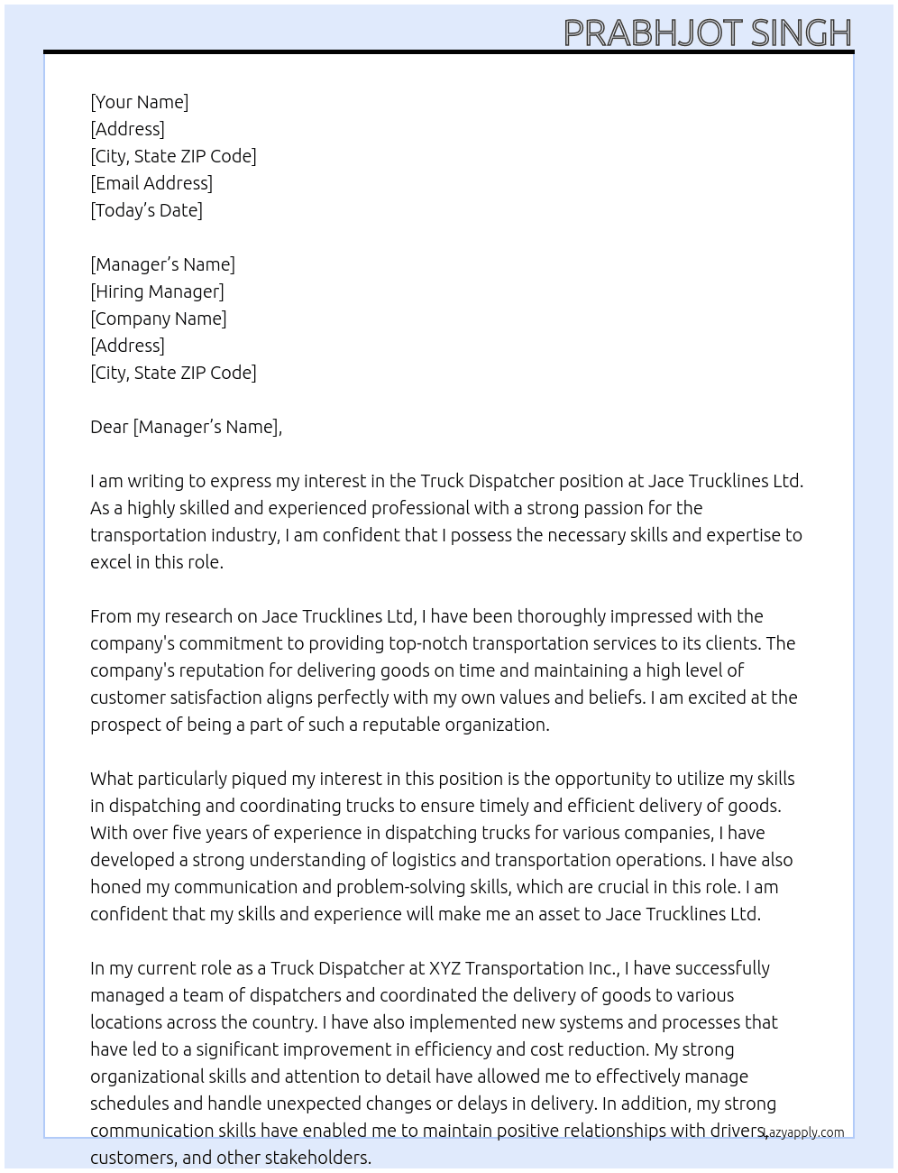 Truck Dispatcher At Jace Trucklines Ltd Cover Letter