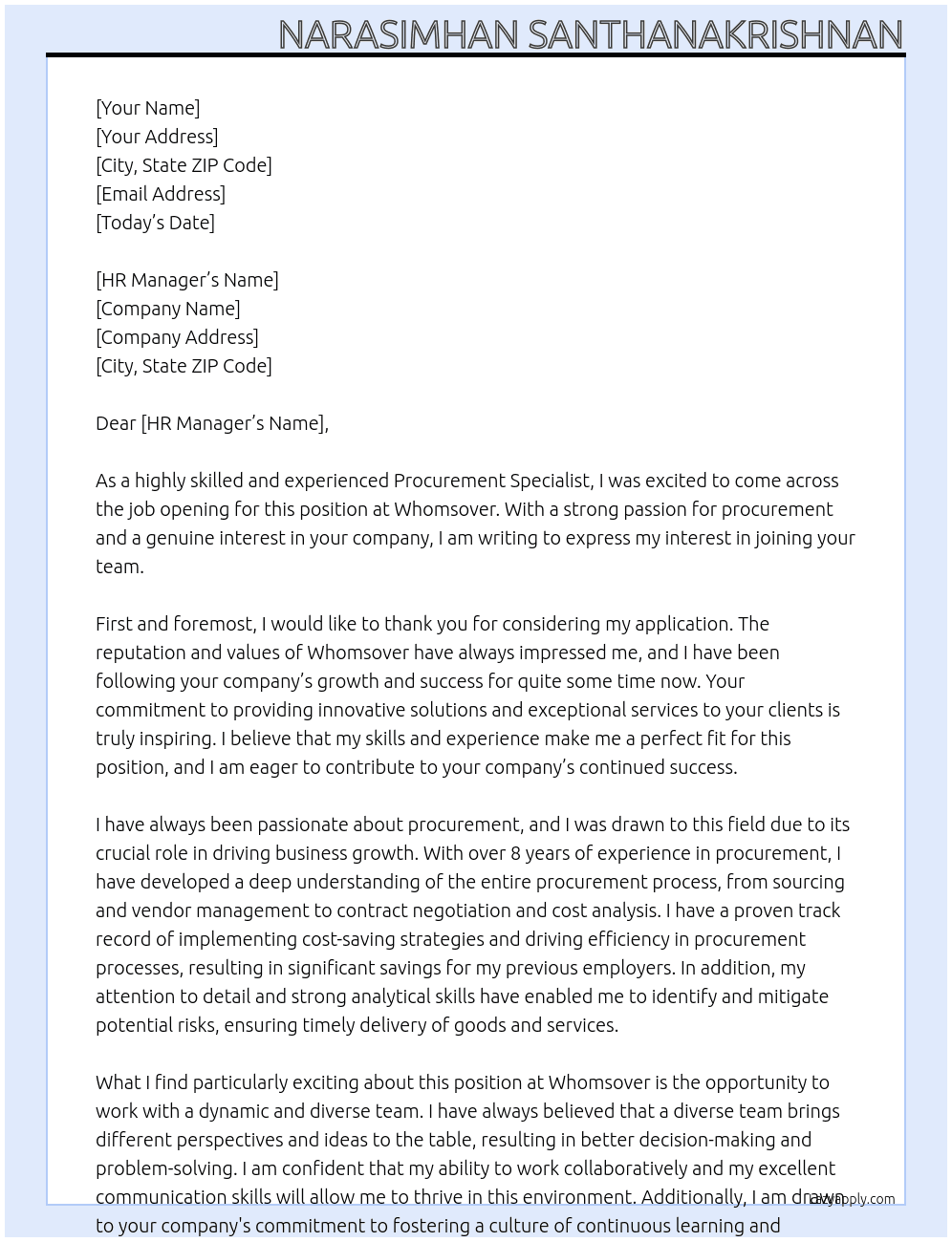 Procurement Specialist At Whomsover Cover Letter