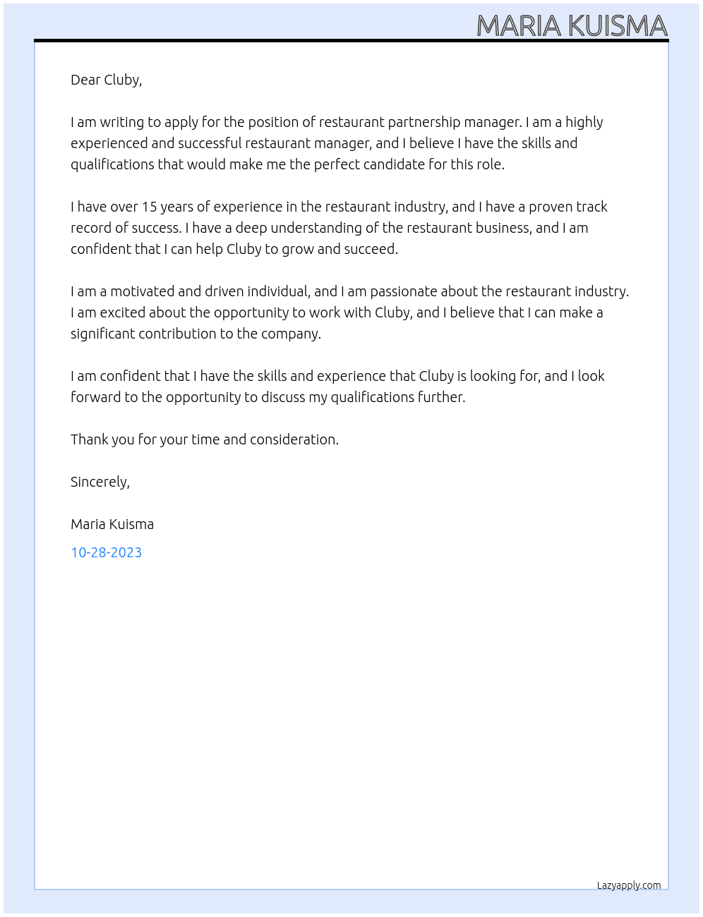 restaurant partnership manager At Cluby Cover Letter