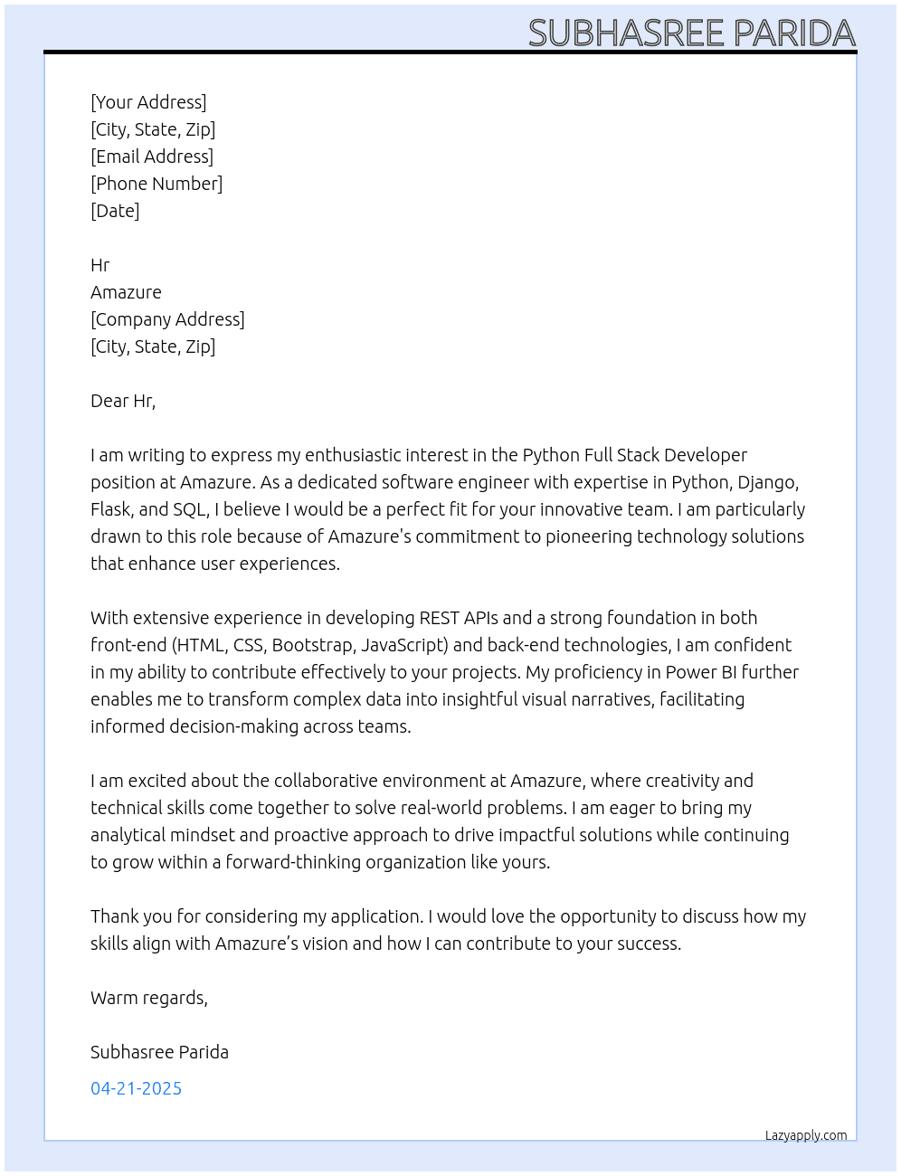Cover letter for python full stack developer - LazyApply