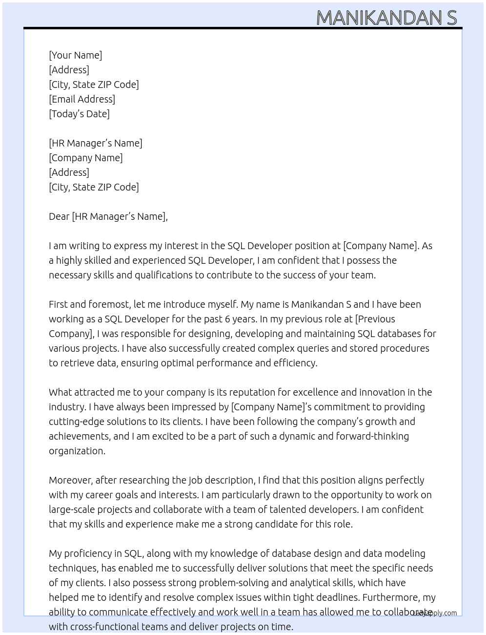 SQL developer  At Na Cover Letter