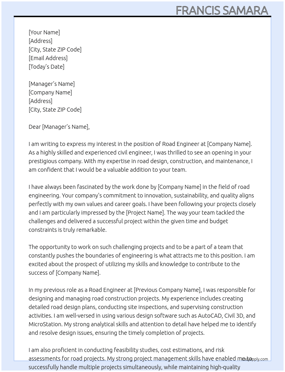 Road Engineer  At Works Cover Letter