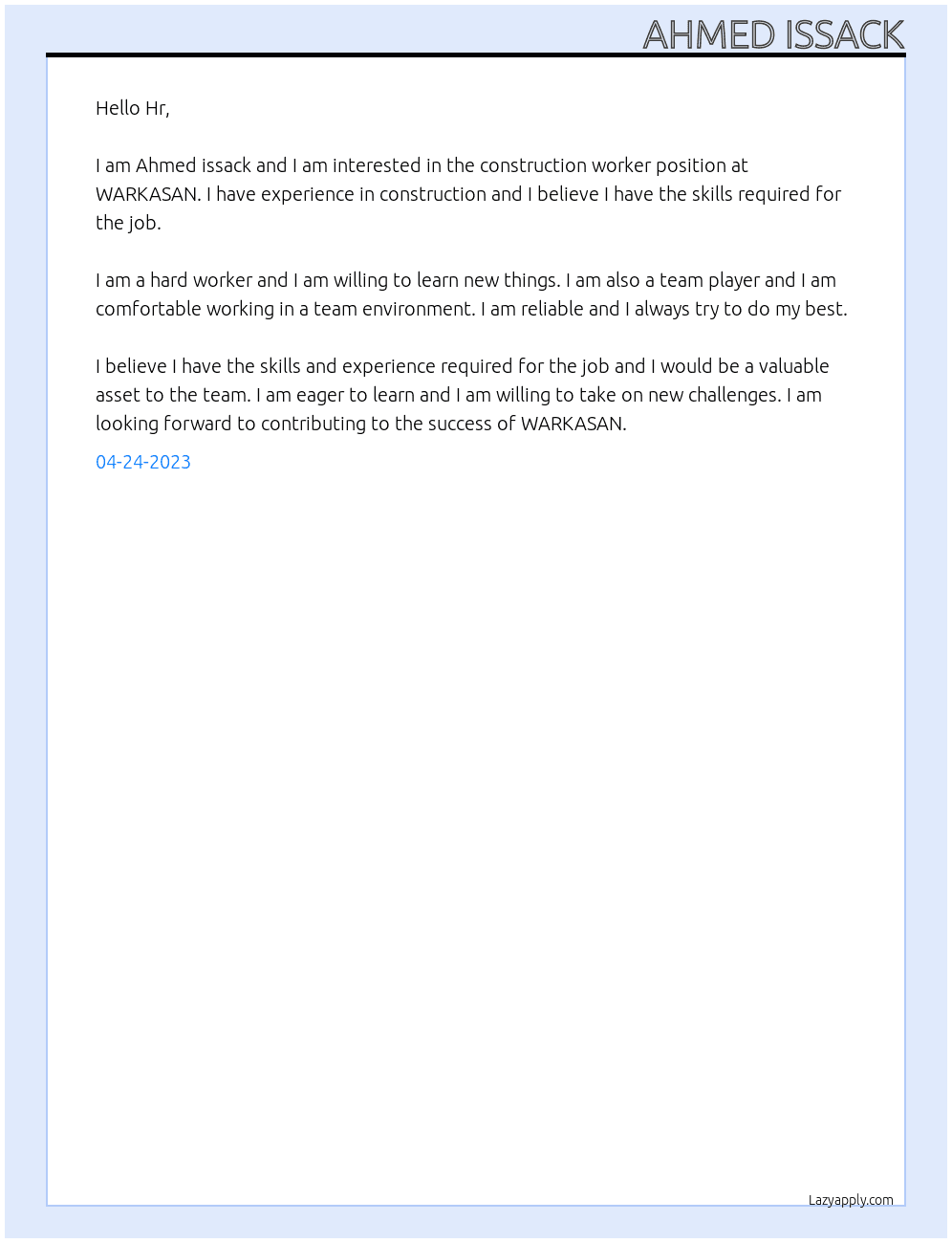construction worler At WARKASAN Cover Letter