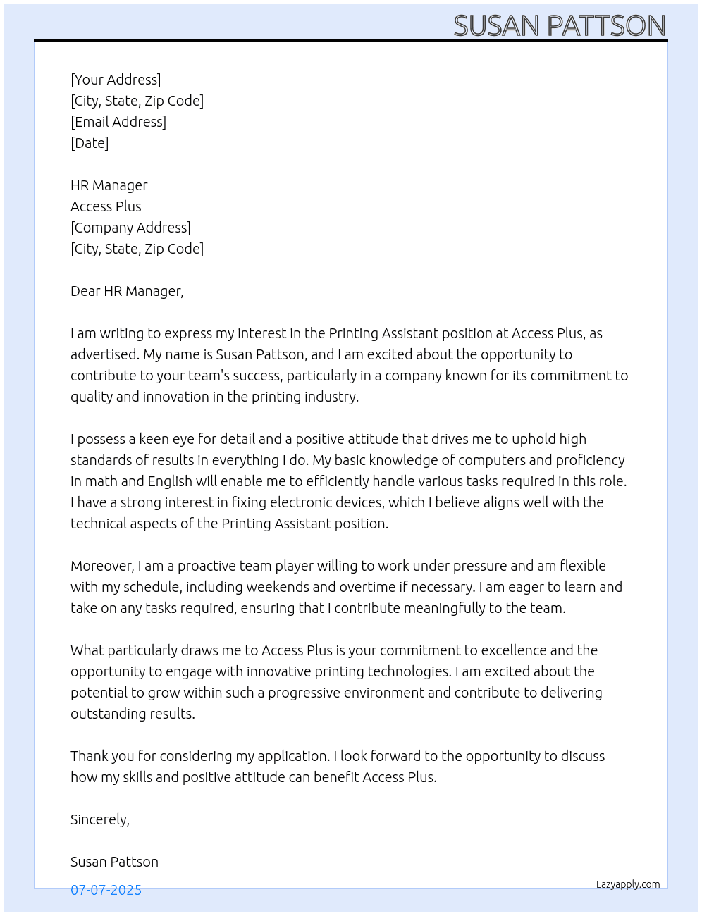 Printing Assistant At Access Plus Cover Letter