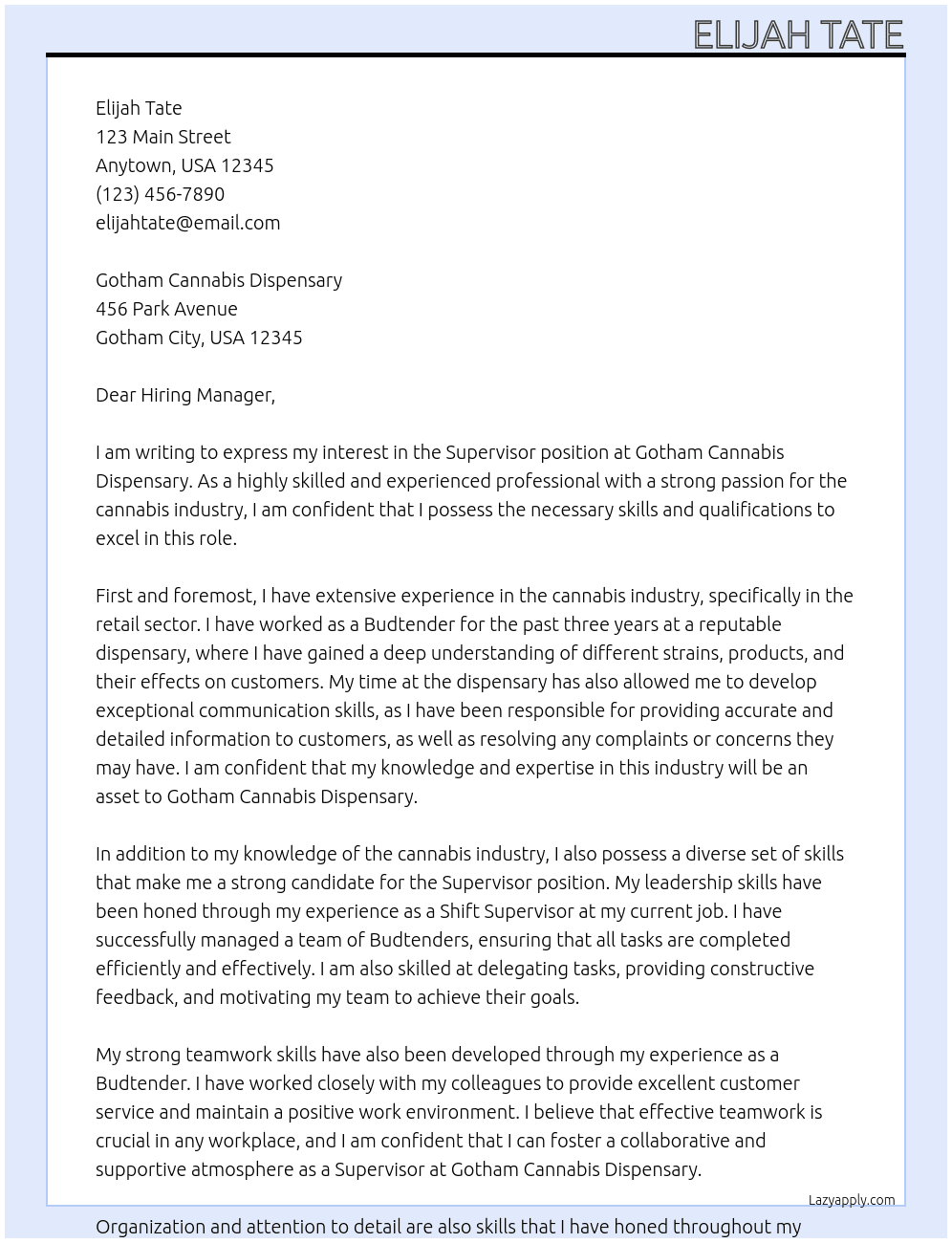 Supervisor  At Gotham Cannabis Dispensary Cover Letter
