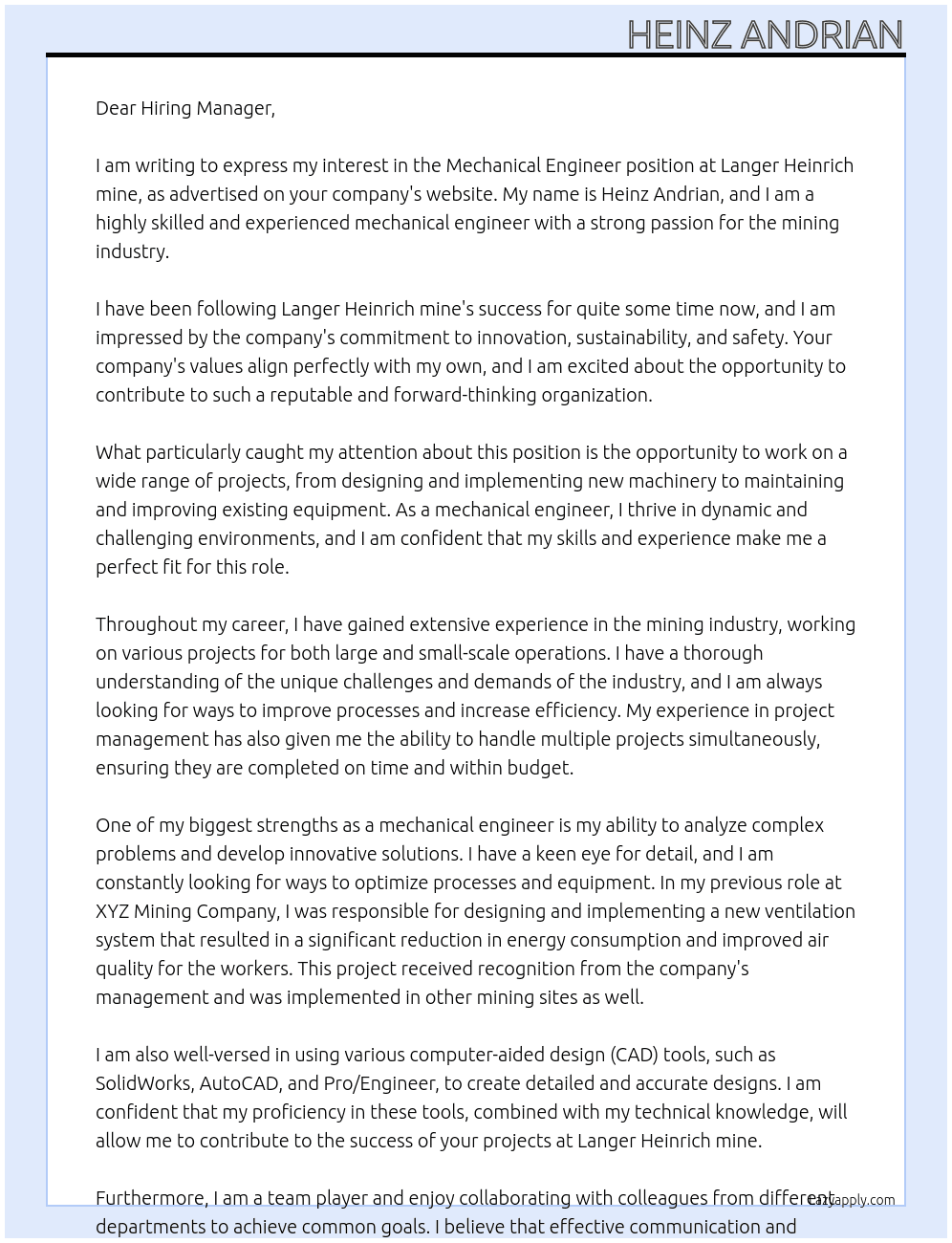 Mechanical Engineer At Langer Heinrich mine Cover Letter