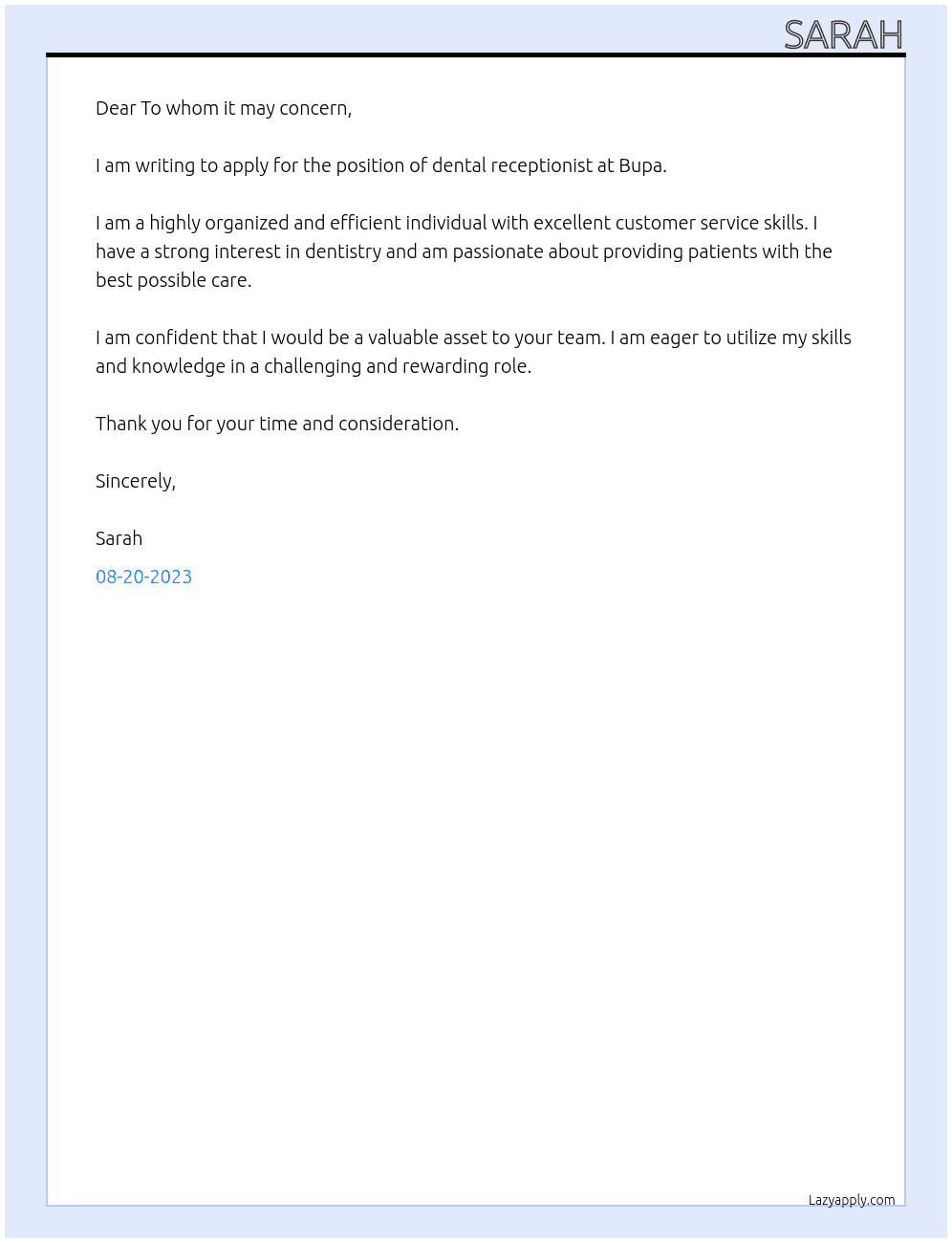 Dental receptionist  At Bupa Cover Letter