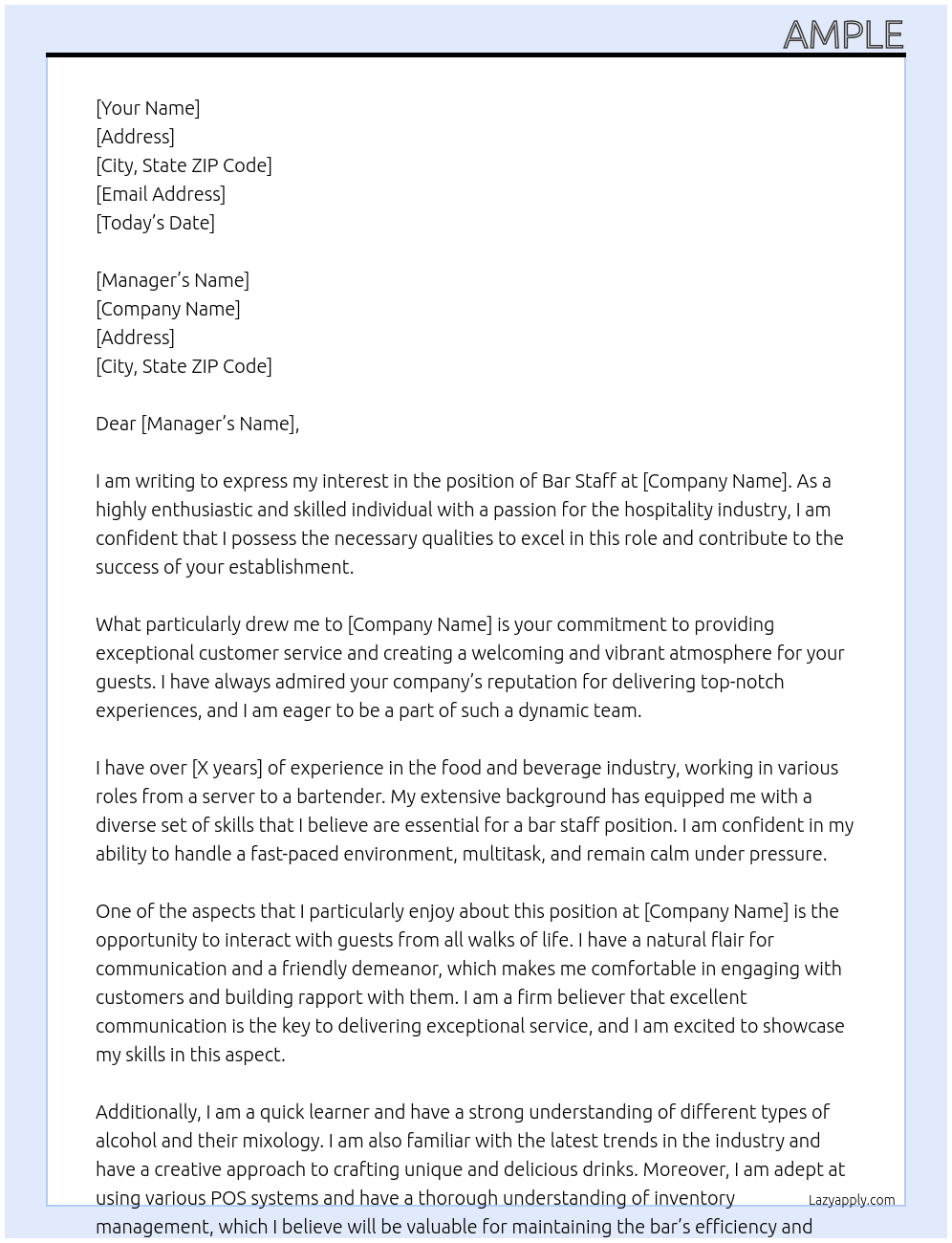bar staff At brude Cover Letter