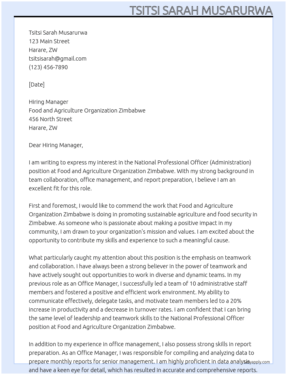 National Professional Officer (Administration) At Food and Agriculture Organization Zimbabwe Cover Letter