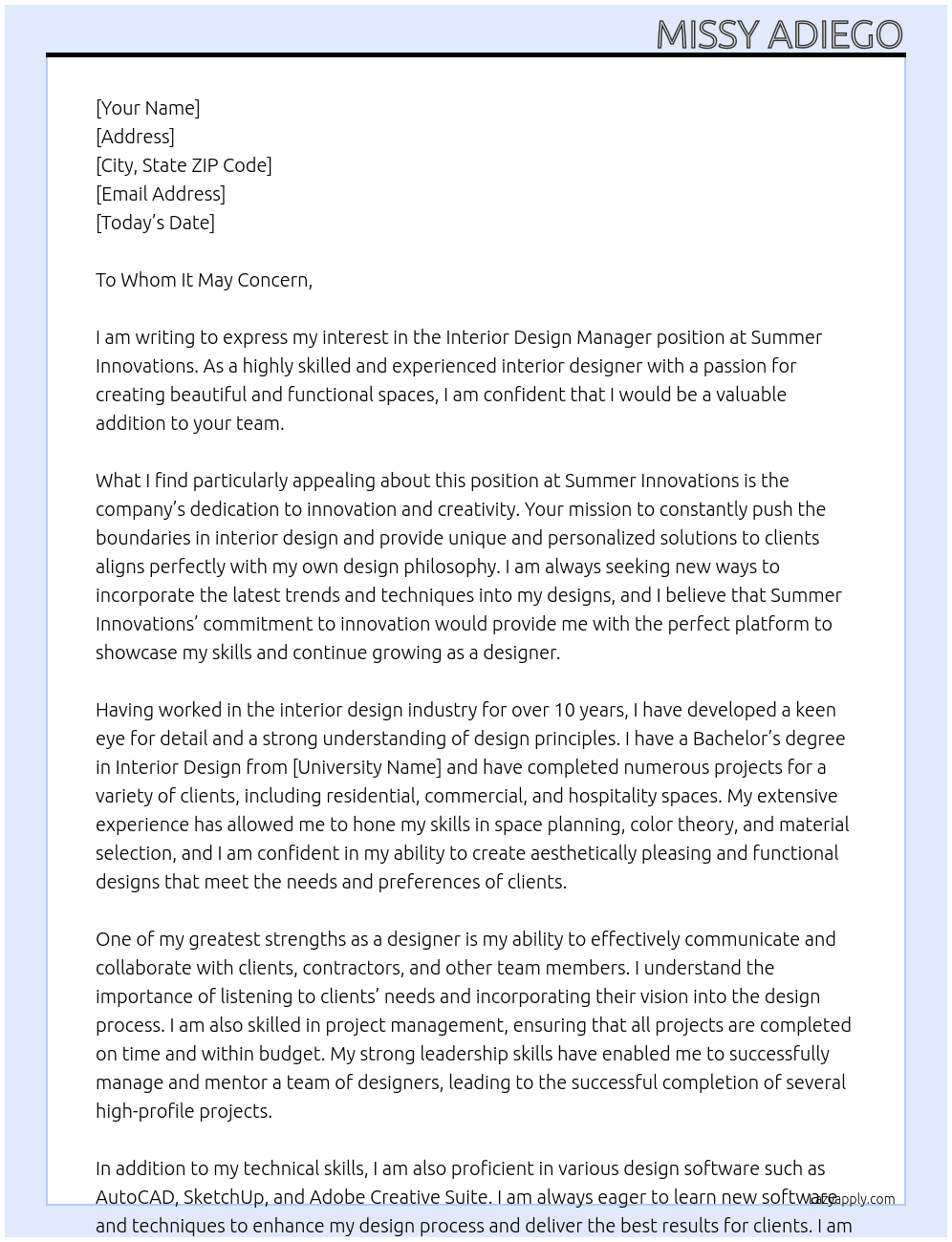 Interior Design Manager At Summer Innovations Cover Letter
