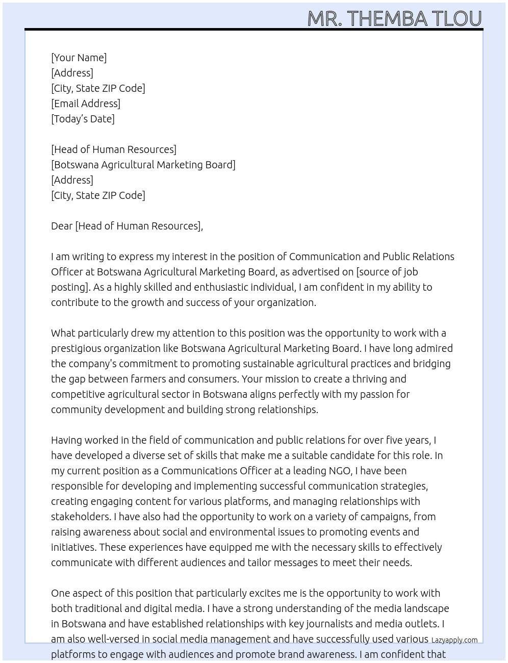Communication and Public Relations Officer At Botswana Agricultural Marketing Board Cover Letter