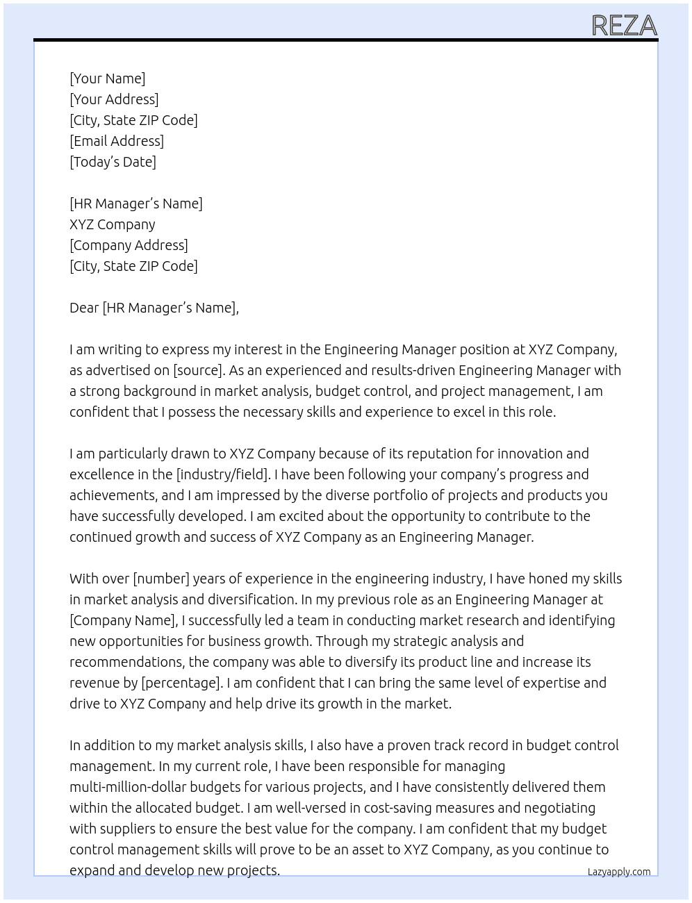 Engineering Manager At XYZ Cover Letter