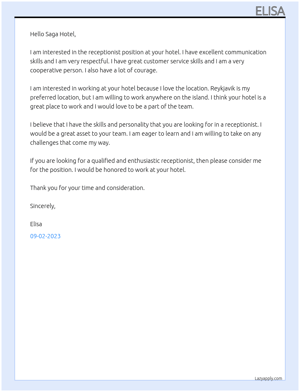 Receptionist At Islands Hotel Cover Letter