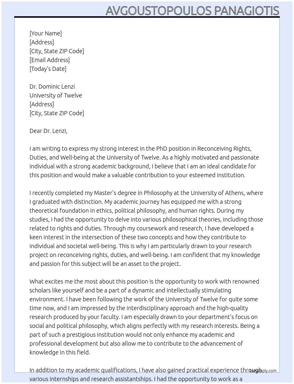 PhD position in Reconceiving rights, duties and well-being At University of twelve Cover Letter