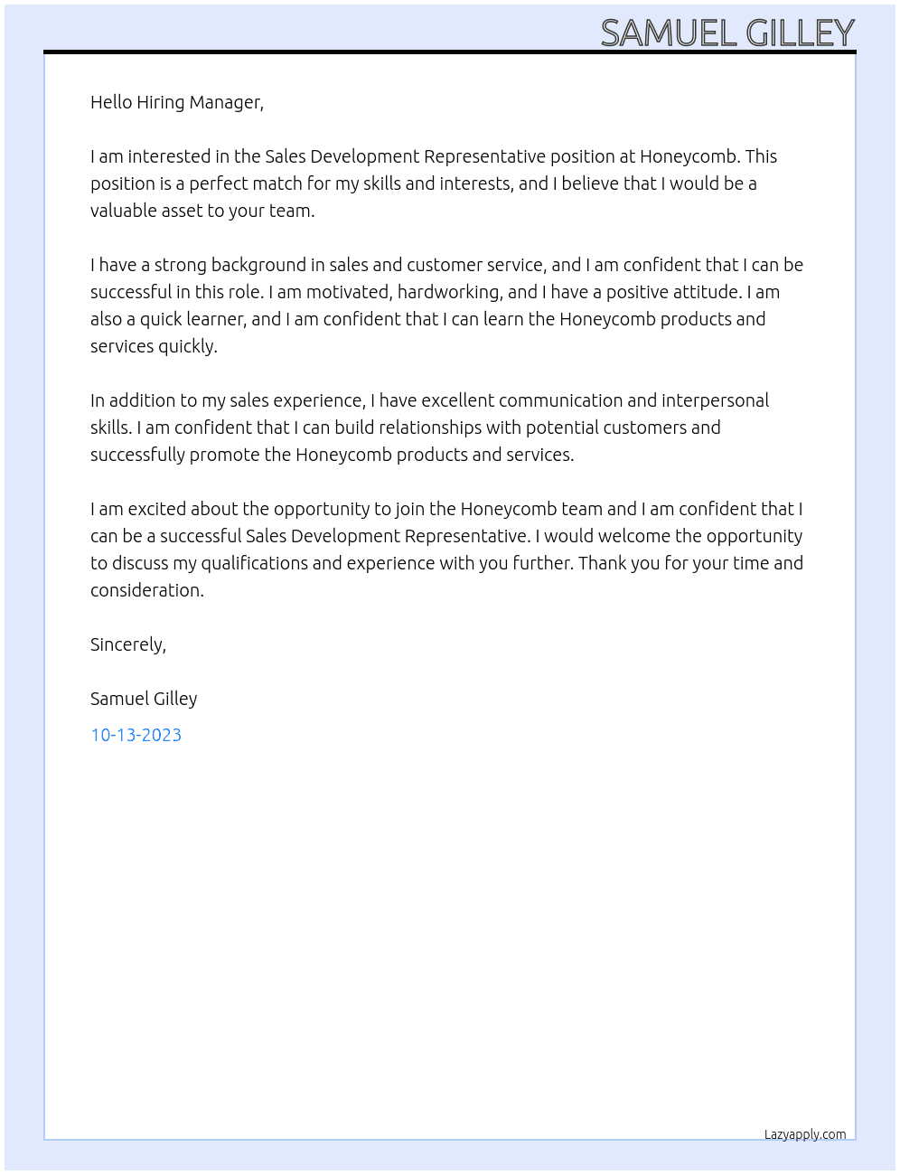 Sales Development Representative  At Honeycomb Cover Letter
