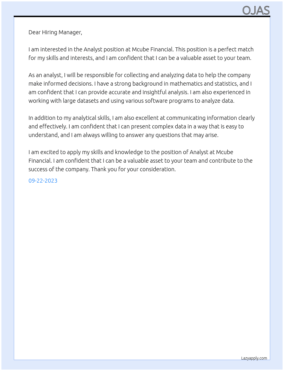 Analyst At Mcube Financial Cover Letter