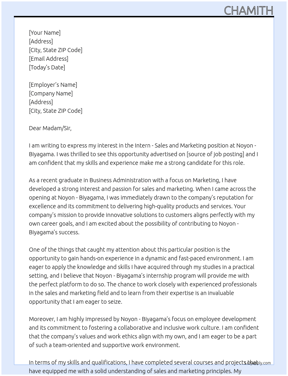 Intern - Sales and Marketing At Noyon - Biyagama Cover Letter