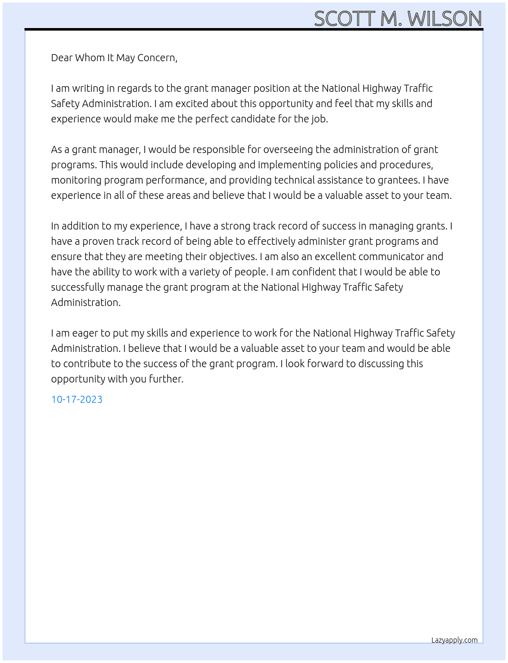 grant manager At National Highway Traffic Safety Administration Cover Letter