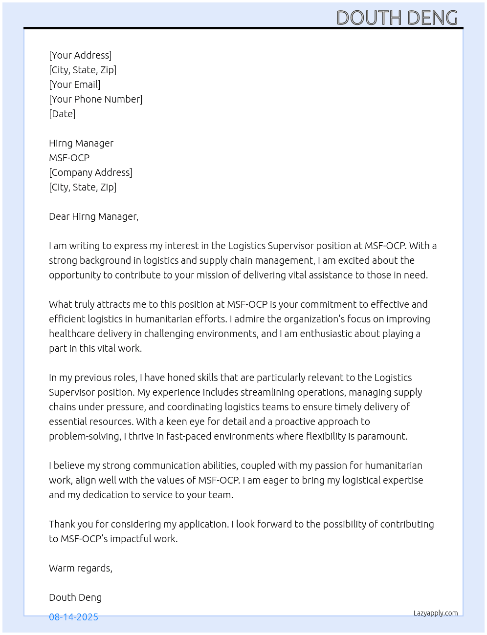 Logistics Supervisor At MSF-OCP Cover Letter