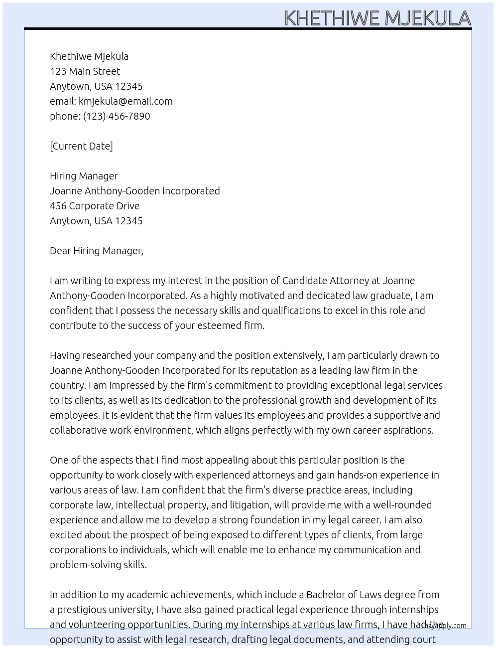 Candidate Attorney  At Joanne Anthony-Gooden Incorporated  Cover Letter